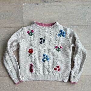 Mini boden girls Floral Embroidered Cable Knit Sweater Cream Sz 9-10 yr